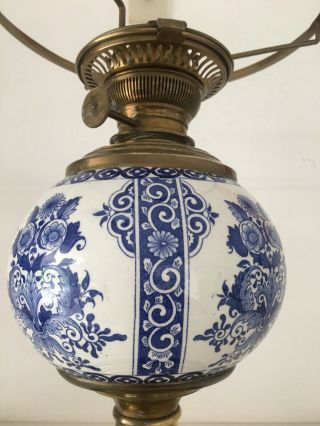 antique blue pottery and brass white vesta shade oil lamp 5