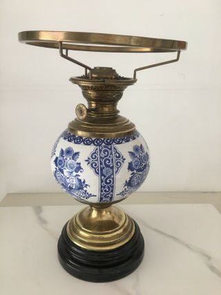 antique blue pottery and brass white vesta shade oil lamp 6