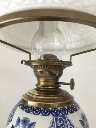 antique blue pottery and brass white vesta shade oil lamp 8
