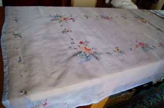 VINTAGE WHITE PINA LINEN TABLECLOTH Madeira Embroidery Applique T110 2