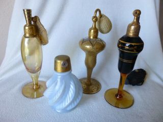 4 Antique Devilbiss Volupte Perfume Bottle Atomizer Brown Glass Gold Opalescent