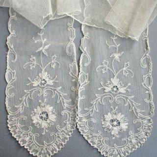 Antique Creamy French Tambour Lace Lappet Flowers,  Scrolls 58 " X 4 1/2 " Wide