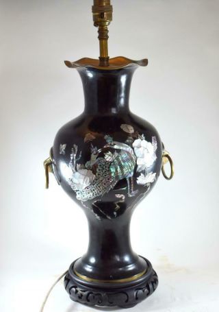 Large Antique Chinese Black Lacquer Mother - Of - Pearl Inlaid Table Lamp