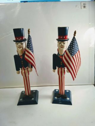 Two Uncle Sam Candle Stick Holders Made Of Wood Vintage In Good Shape