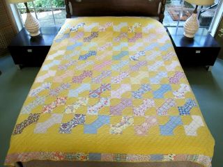 Well,  Washed,  Vintage Feed Sack Hand Sewn Feed Sack Bow Tie Quilt 81 " X 76 "