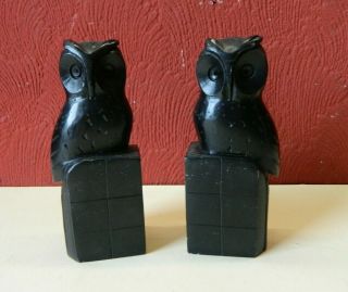 Vintage Art Deco Black Marble French Owl Bookends