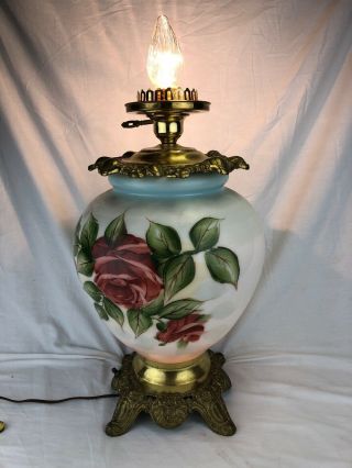 Vintage Parlor Banquet Gwtw Lamp Base Hand Painted Roses Dual Switch Brass