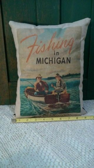 Primitive Vintage Advertising Pillow Fishing In Michigan Old Boat And Motor