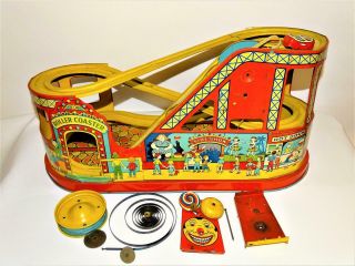 Vintage Chein Tin Lithograph Wind Up Rollercoaster With Car
