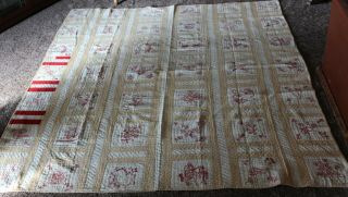 Vintage Quilt Cream & Tan With With Turkey Red Embroidery 75 " X 66 " 42 Squares