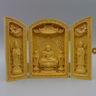Wooden Buddhism Buddha Shrine Statue Hand Carved Foldable Boxwood Three Open Box