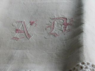 Antique Heavy French Linen Monogram " Ad " Fringed Bath Towel - Gorgeous Textile