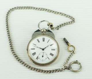 Antique Pocket Watch With Chain And Key - Solid Silver Case