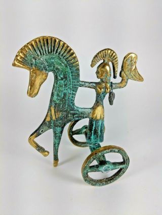 Vintage Etruscan Trojan Horse Chariot Athena & Owl Verde Patina Brass Verdigris