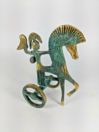 Vintage Etruscan Trojan Horse Chariot Athena & Owl Verde Patina Brass Verdigris 2