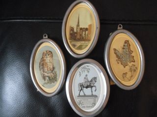 Antique Unusual Set Of 4 Framed Miniature Fine Point Embroidery Pictures 10cm