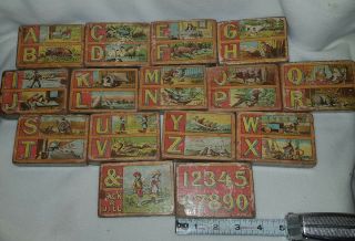 15 Antique Victorian Lithographed Wood Nesting Stacking Blocks Creates 3 Puzzle