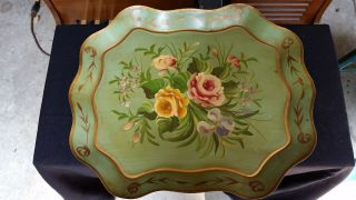 Toleware Metal Vintage Tray Hand Painted Roses On Green 18.  5 X 15”