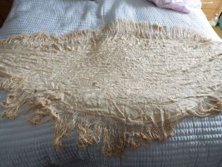 Antique Cream Silk Victorian Embroidered Shawl 67x23 ",  7 " Tassles Chinese?