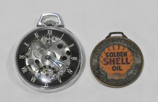 Vintage 1940 ' s Girard - Perregaux Shell Oil Skeleton Pocket Watch with Fob 2