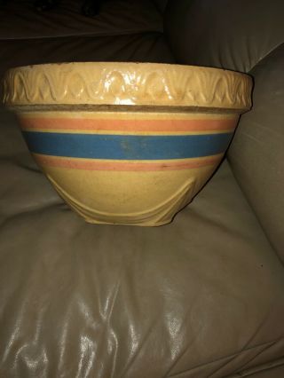 Antique Mccoy Lg Pink Blue Yellow Ware Mixing Bowl Primitive Stoneware Bowl