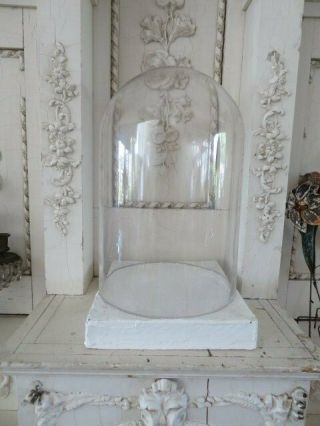 Awesine Large 15 " Tall Old Vintage Glass Display Dome Cloche & White Wood Base