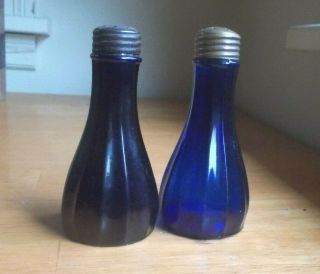 1860s 12 Sided Salt Shakers W/lids Hand Blown Violet & Cobalt Blue Rare