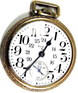 Antique Elgin Railroad - 24 Hr Yellow Gold Filled Pocket Watch 19 Jewels Adj - 5.