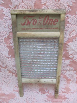 Antique Vtg 1920s " Two In One Jr.  " Mini Glass & Wood Carolina Washboard,  Raleigh