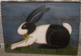 Primitive Hp Folk Art Black & White Bunny Sunflower Reclaimed Wood