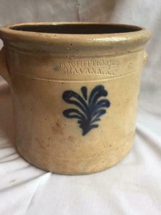 1 Gal Ny Stoneware Crock W/ Floral Cobalt " O.  Whittemore Havana,  Ny " Nr.  "