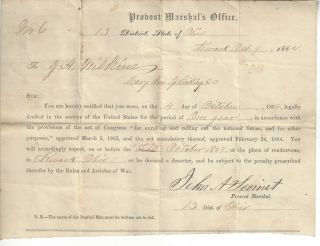 Sss: 1864 Civil War Draft Notice Document - Provost Marshall 