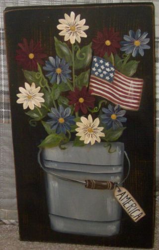 Primitive Hp Folk Art Prim Pail Daisies Flag America Board