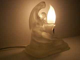 Vintage Art Deco Small Boudoir Lamp Naked Nude Lady Angel Harp Frosted Glass