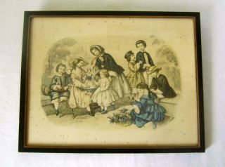 Antique Print Of Victorian Children In Ebonised And Gilt Frame