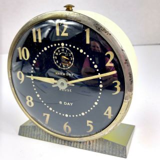 Vintage Ingraham Harmony House Eight - Day Alarm Clock Domed Glass Brass