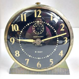 Vintage Ingraham Harmony House Eight - Day Alarm Clock Domed Glass Brass 2