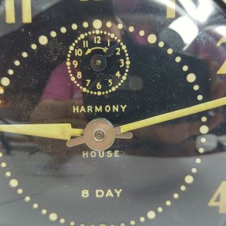 Vintage Ingraham Harmony House Eight - Day Alarm Clock Domed Glass Brass 3