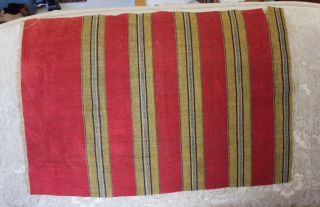 Hand Loomed Antique 19thc Red Linen & Gold Metallic European Striped Fabric
