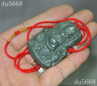 Chinese natural old jade carving Broadsword Guan gong Guan Yu god statue Pendant 2