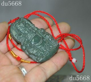 Chinese natural old jade carving Broadsword Guan gong Guan Yu god statue Pendant 3