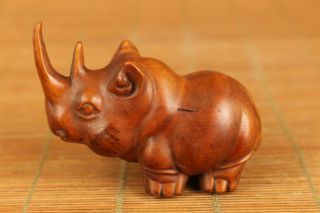 Rare Old Boxwood Hand Carving Rhinocero Statue Figue Table Home Deco Hand Piece