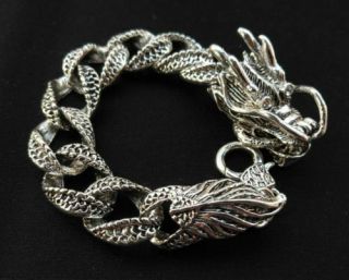 Old Tibet China Silver Carved Dragon Men Bracelet A Pair A1