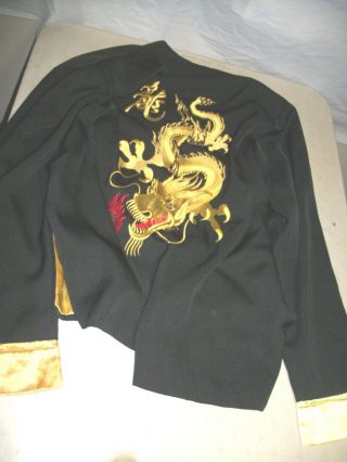 70s Vtg Chinese Blue Esme Silk Blend Robe Kimono Embroidered Gold Dragons Medium