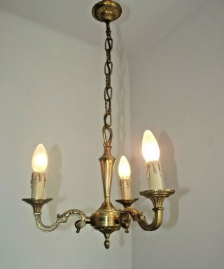 Small French Empire Style Heavy Brass Chandelier With 3 Scroll Design Arms 1253