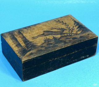 Antique German Black Forest Wood Carving Stamp Trinket Box Hunt Stag C1890