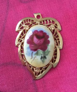 Vintage Antique Gold Porcelain Rose Leaf Cameo Charm Pendant Estate Find Vtg