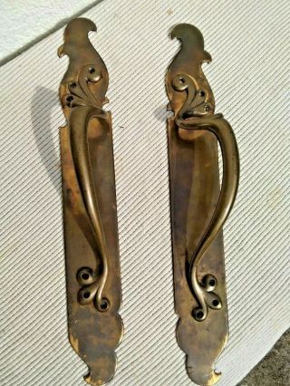 Pair Vintage Art Nouveau Brass Door Push Handles & Back Push Finger Plates 16 "