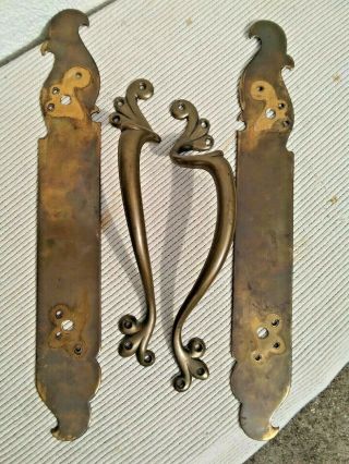 PAIR VINTAGE ART NOUVEAU BRASS DOOR PUSH HANDLES & BACK PUSH FINGER PLATES 16 