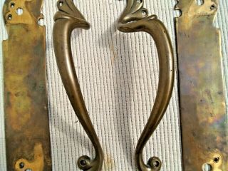 PAIR VINTAGE ART NOUVEAU BRASS DOOR PUSH HANDLES & BACK PUSH FINGER PLATES 16 